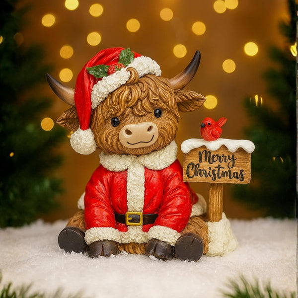 Cow figurine in a Santa outfit with a 'Merry Christmas' sign against a festive background.