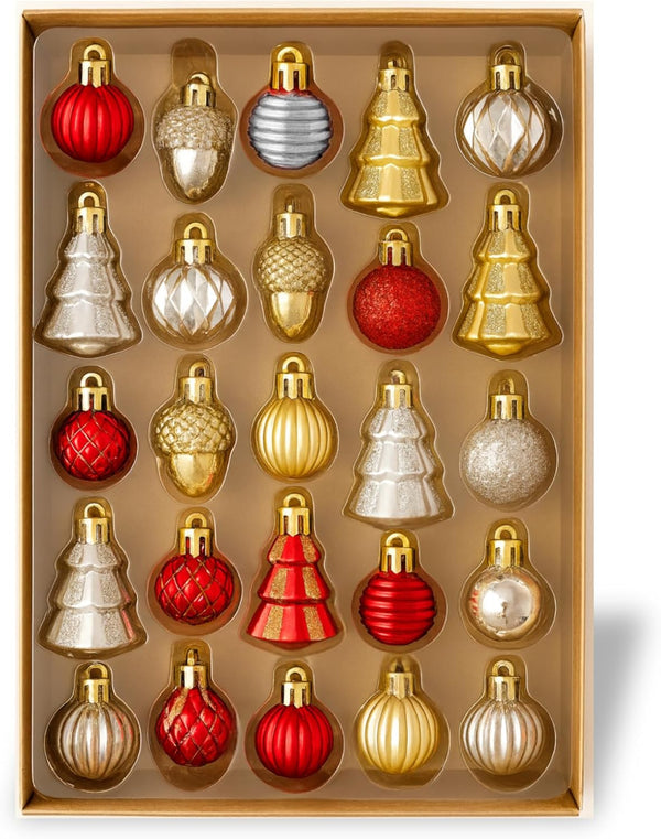 Set of Christmas ornaments in a box with red, gold, and silver colors.