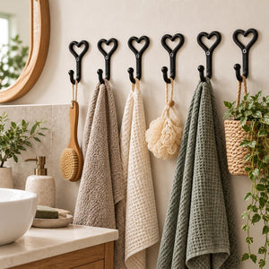 Six black heart-shaped wall hooks hanging on a bathroom wall, holding towels, a sponge, a brush, and a hanging planter. A bathroom counter, sink, soap dispenser, mirror, and plants are visible in the scene.