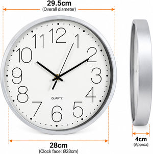 A round wall clock with a white face, black numerals and hands, shown with dimension annotations: overall diameter 29.5 cm, clock face diameter 28 cm, and side thickness 4 cm.