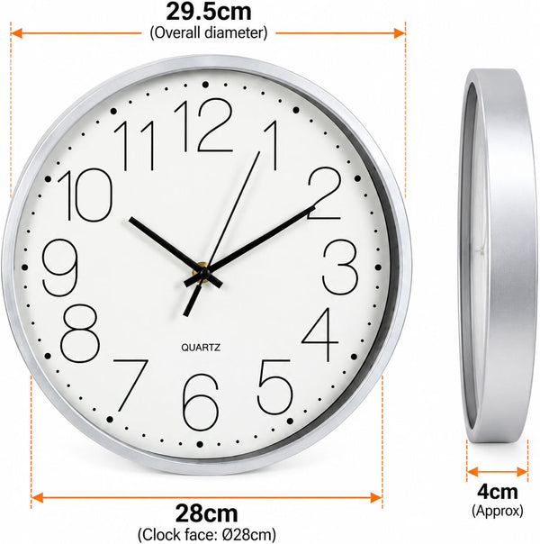 A round wall clock with a white face, black numerals and hands, shown with dimension annotations: overall diameter 29.5 cm, clock face diameter 28 cm, and side thickness 4 cm.