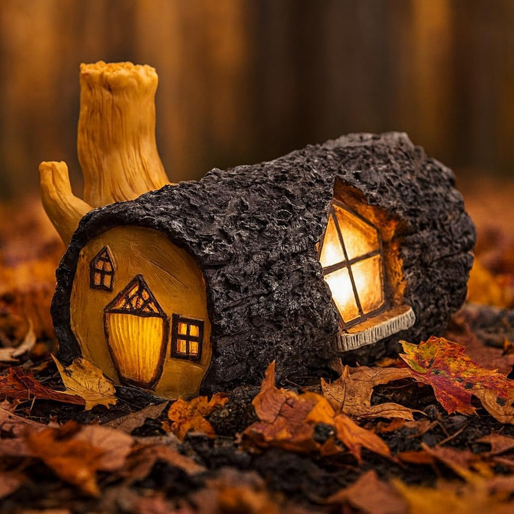 Decorative log with carved house shapes and glowing lights on a leafy background