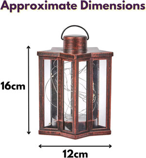 Copper lantern with dimensions labeled on a white background