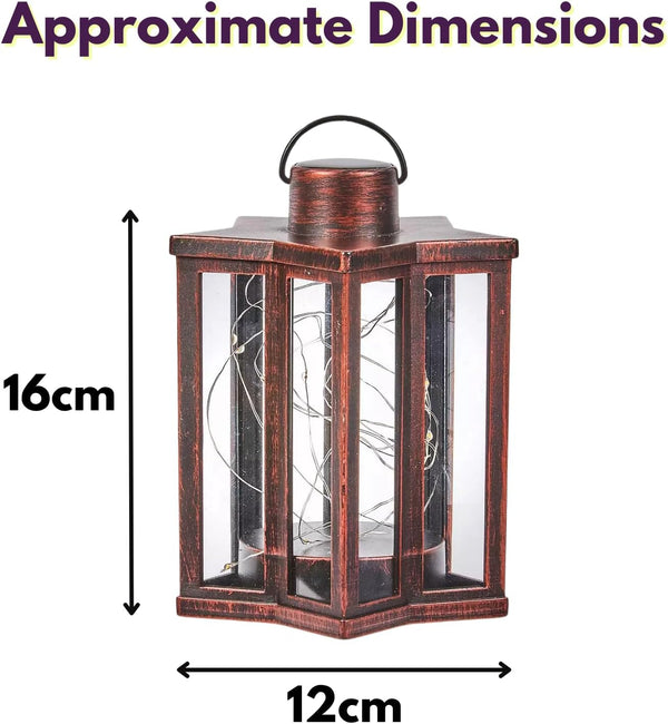 Copper lantern with dimensions labeled on a white background
