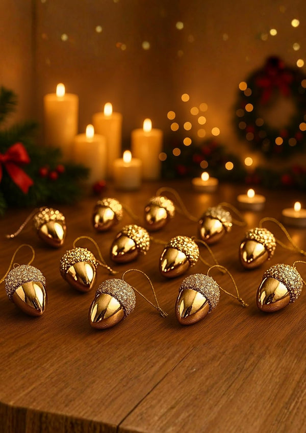 Decorative gold acorn ornaments on a string with candles and Christmas wreath in the background.