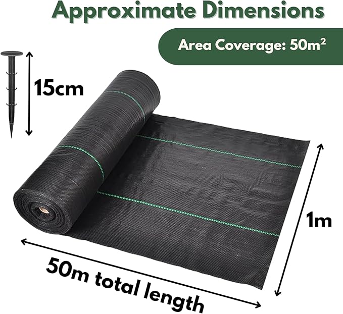 A roll of black weed control fabric membrane ground sheet, also known as a garden landscape cover, displayed alongside a graphic indicating its thickness.
