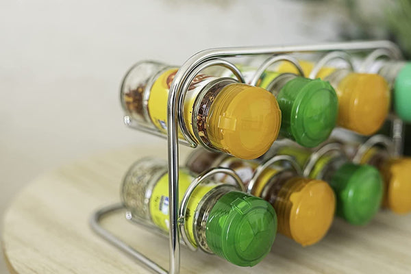 Eight Piece Free Standing Silver Carbon Steel Spice Rack with Chrome Finish