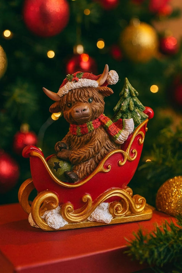 Decorative figurine of a Highland cow in a red sleigh with Christmas tree and ornaments in the background.