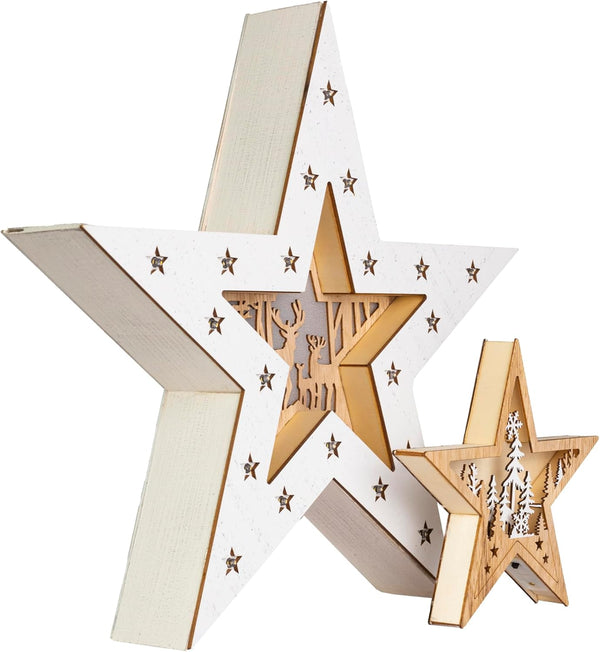 Decorative star-shaped objects with cut-out designs on a white background