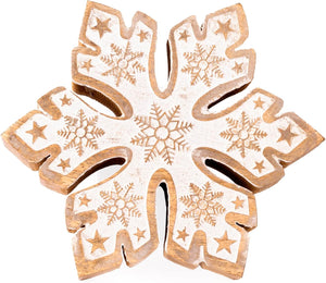 Wooden snowflake-shaped cookie cutter with snowflake design on a white background