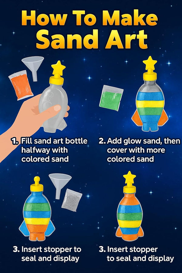 Step-by-step guide on how to make sand art with a colorful sand art bottle on a dark blue space-themed background.