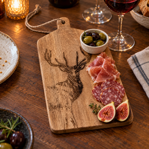 A wooden charcuterie board with an engraved stag design, styled on a rustic wooden table with sliced prosciutto, salami, olives, figs, and a glass of red wine in the background.