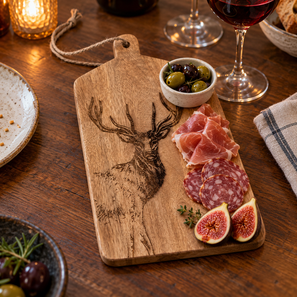 A wooden charcuterie board with an engraved stag design, styled on a rustic wooden table with sliced prosciutto, salami, olives, figs, and a glass of red wine in the background.