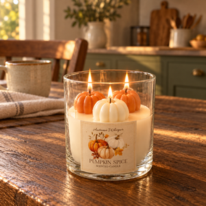 Pumpkin spice candle with three lit pumpkin-shaped wicks in a clear glass jar on a rustic wooden kitchen table.