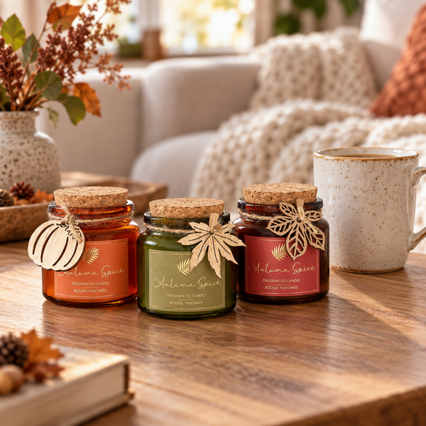 Three small spice jars with cork lids and autumn-themed labels sit on a wooden table in a cozy living room setting, with a speckled mug nearby and blurred furniture in the background.