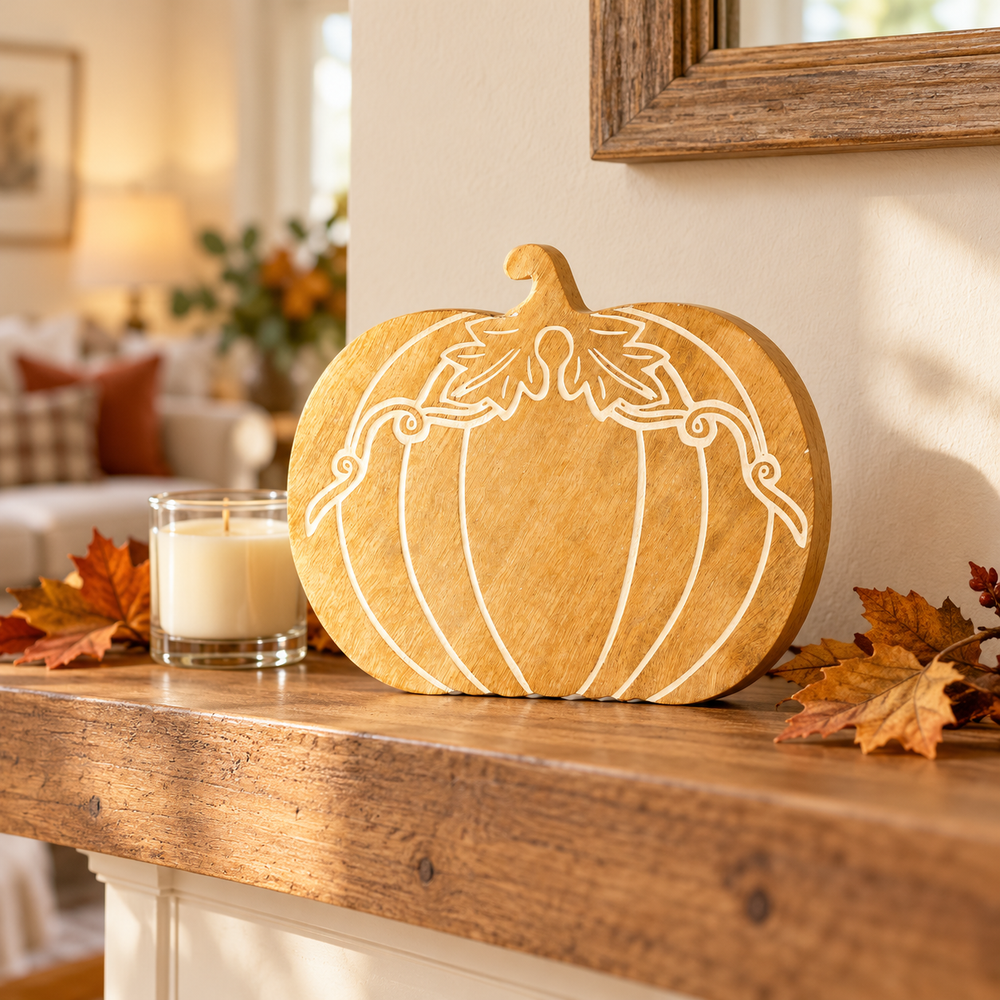Wooden pumpkin decoration on a rustic mantelpiece beside a glass candle and autumn leaves.