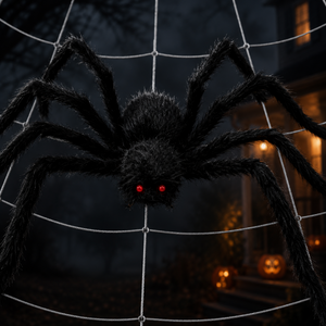A large black artificial spider decoration with glowing red eyes, positioned on a white spiderweb in front of a dark, spooky house background with pumpkins.