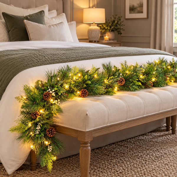 A festive green pine garland with warm white string lights and pinecones draped across the foot of a bed in a styled bedroom.