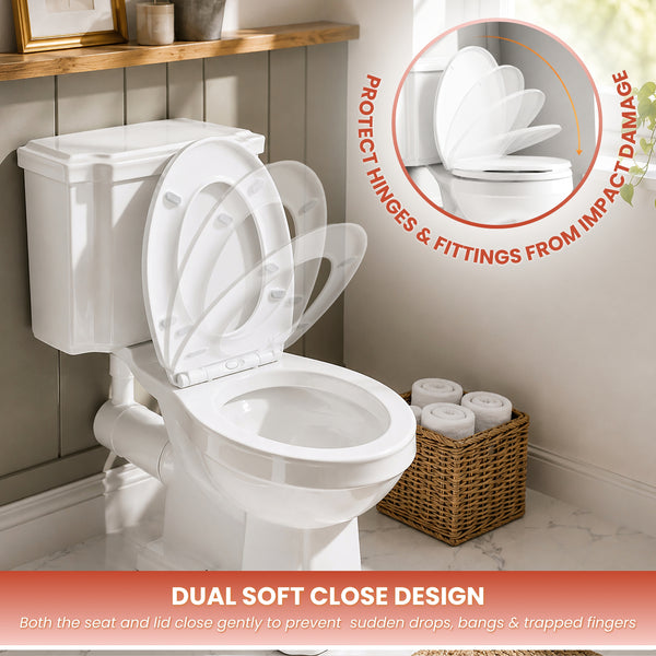 White toilet with dual soft close design in a bathroom setting.
