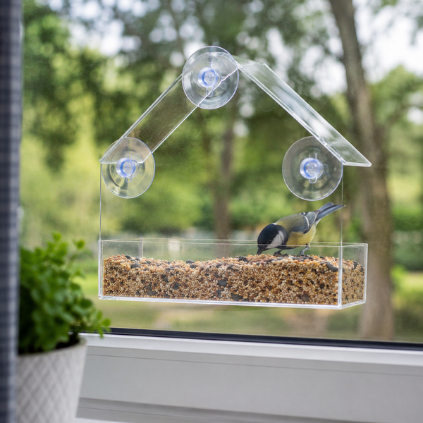 A clear acrylic house-shaped bird feeder with three suction cups mounted on a window, filled with birdseed and occupied by a small bird, with a blurred green garden background.