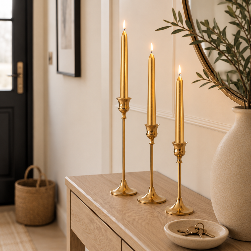 Three tall brass candlesticks with lit taper candles are arranged on a light wood console table in a styled interior setting.