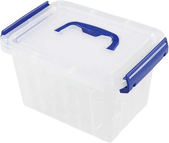 Clear storage box with blue lid and handle on a white background