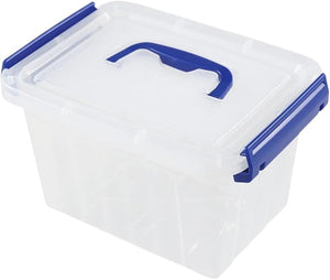Clear storage box with blue lid and handle on a white background