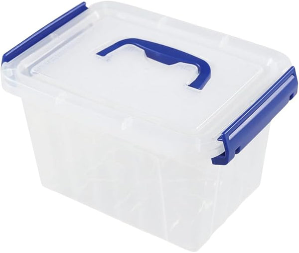 Clear storage box with blue lid and handle on a white background
