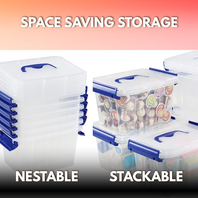 Clear storage box with blue lid and handle on a white background