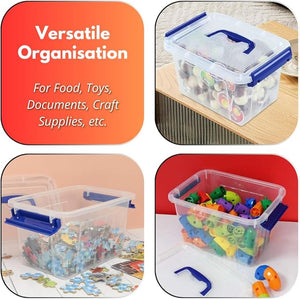 Clear storage containers with blue lids used for organizing toys, food, and craft supplies on a wooden surface.
