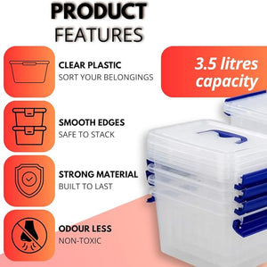 Stack of clear plastic containers with blue lids, featuring product features on a white background.