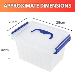 Clear storage box with blue handles and dimensions labeled on a white background