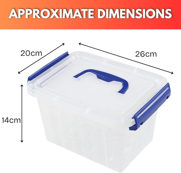 Clear storage box with blue handles and dimensions labeled on a white background