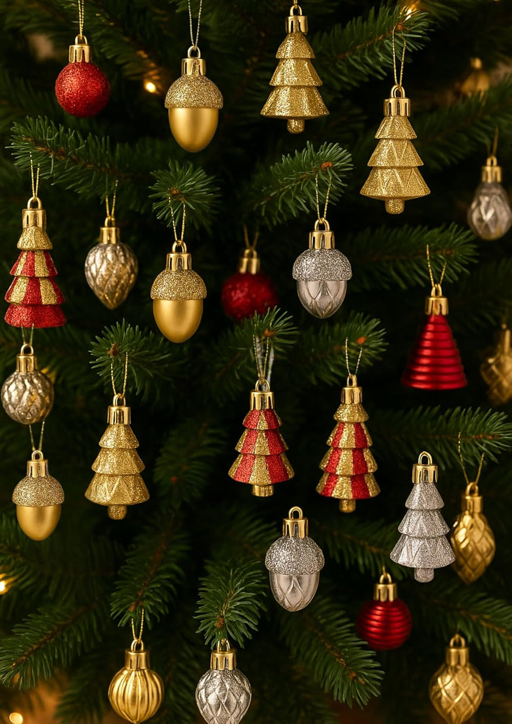 Assorted Christmas tree ornaments on a dark green pine branch