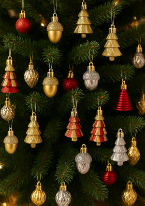 Assorted Christmas tree ornaments on a dark green pine branch