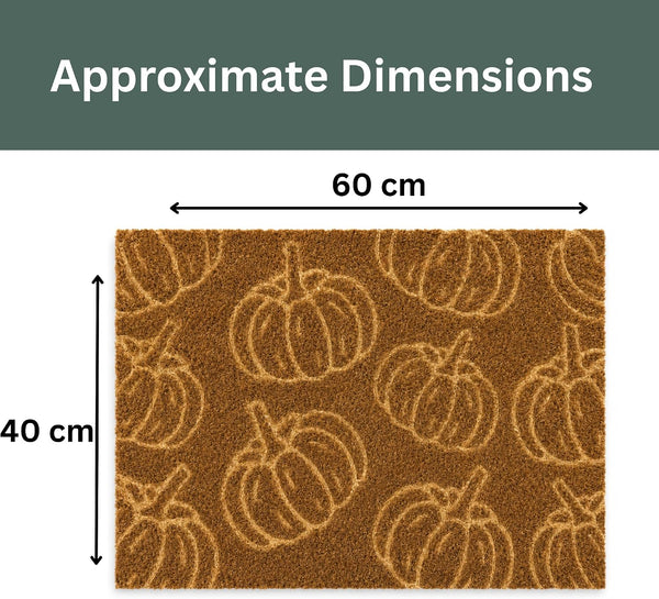 Approximate dimensions graphic showing a rectangular brown doormat with a pumpkin pattern, labeled 60 cm by 40 cm.