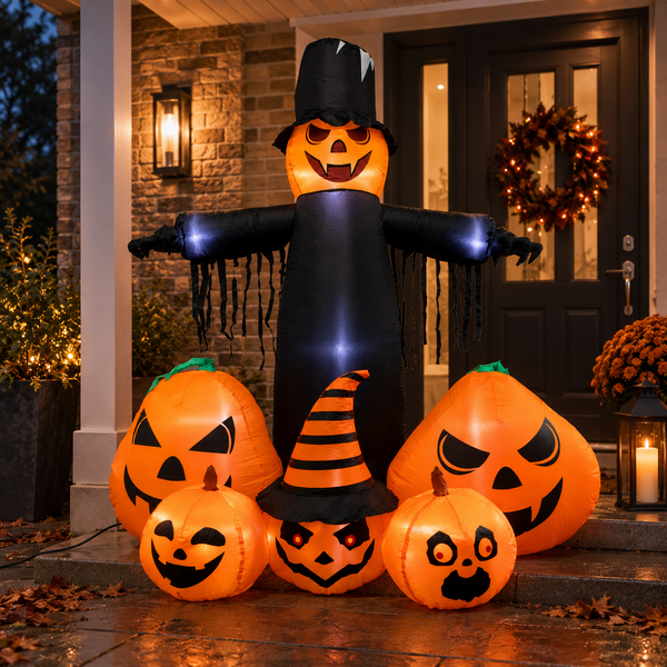 An inflatable Halloween decoration set displayed on a front porch at night, featuring a tall black scarecrow with glowing blue hands, several orange jack-o'-lantern inflatables, and a small striped witch hat.