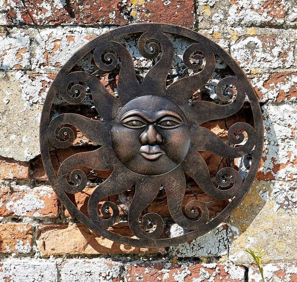 Light Up Sun Ornament Modern Wall Art LED Garden outdoor Metal Gift