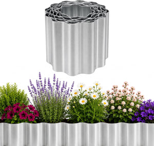 A set of nested silver metal garden rings with a wavy, scalloped edge, shown both stacked and arranged as a planter holding colorful flowers and green plants against a white background.