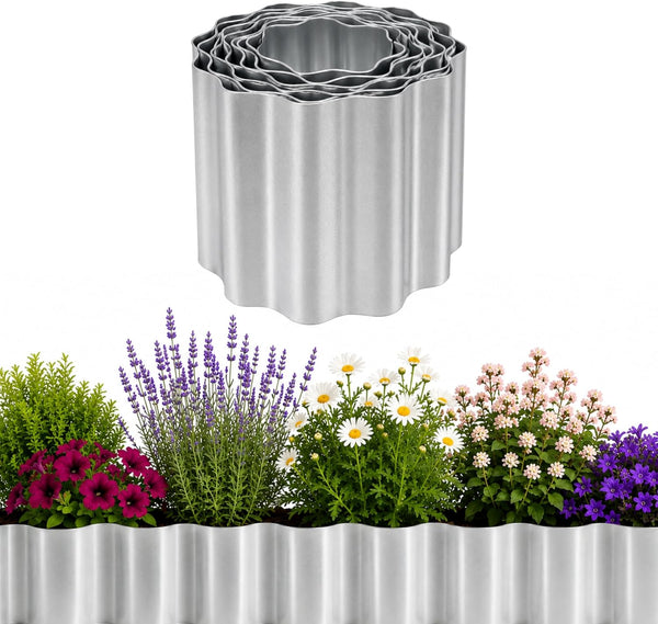 A set of nested silver metal garden rings with a wavy, scalloped edge, shown both stacked and arranged as a planter holding colorful flowers and green plants against a white background.