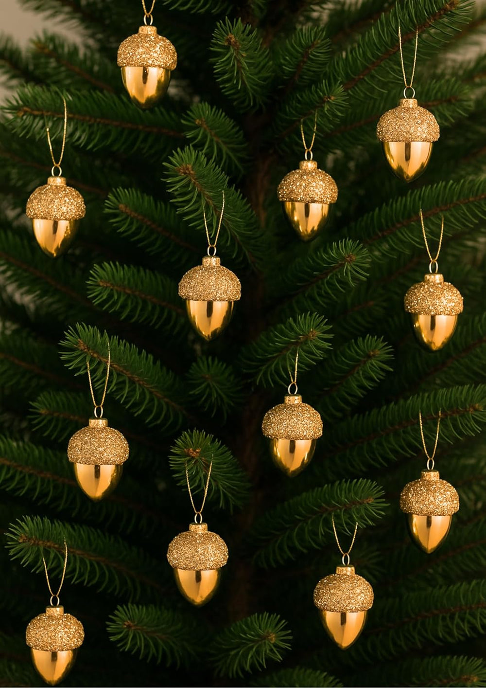 Gold acorn-shaped ornaments on a Christmas tree