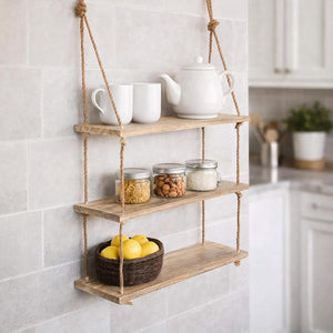 3 Tier Rustic Wooden Hanging Rope Shelf Wall Storage