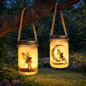 Two mason jar lanterns with fairy and moon designs hanging from a branch at night.
