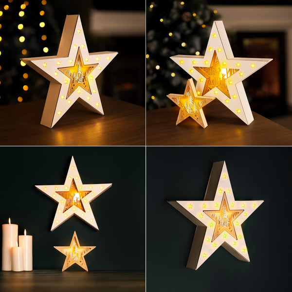 Star-shaped light fixtures in various settings with a warm glow.