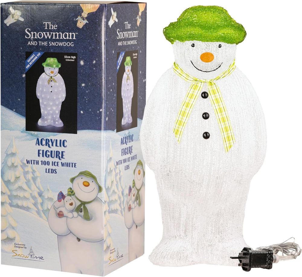 Decorative snowman with a green hat and scarf in front of a stone fireplace.