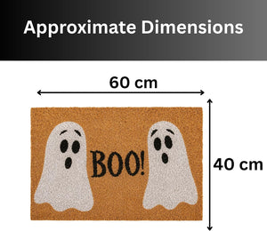 Approximate dimensions graphic for a Halloween doormat, showing a brown coir mat with two white ghost figures and the word “BOO!” in black, labeled 60 cm wide by 40 cm tall.