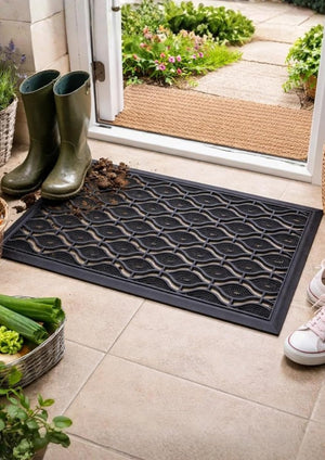 Doormat with patterned design in front of a glass door with a garden view.