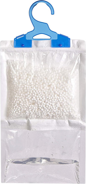 Clear plastic bag with white beads and a blue hanger on a white background