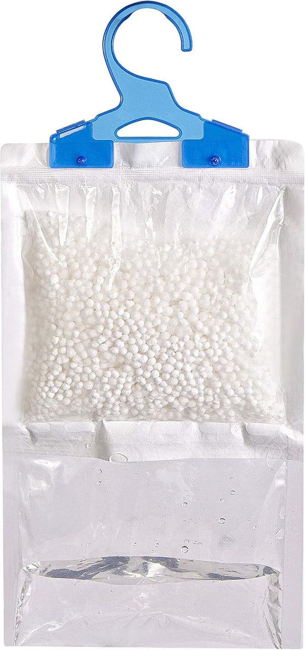 Clear plastic bag with white beads and a blue hanger on a white background