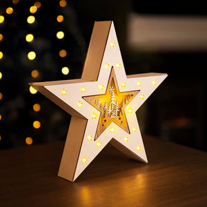 Wooden star-shaped lamp with LED lights on a dark background